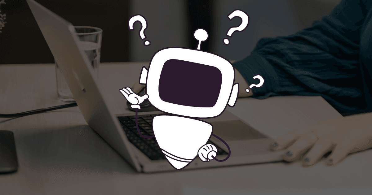 Verwirrter Roboter mit Fragezeichen vor einem Laptop