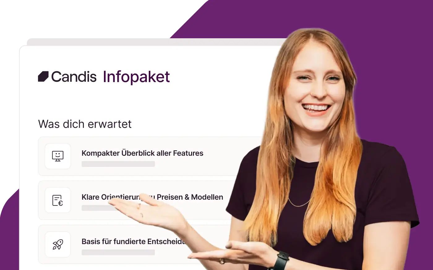 Frau präsentiert das Candis-Infopaket mit Überblick über Features, Preise und Modelle sowie Entscheidungsgrundlage.