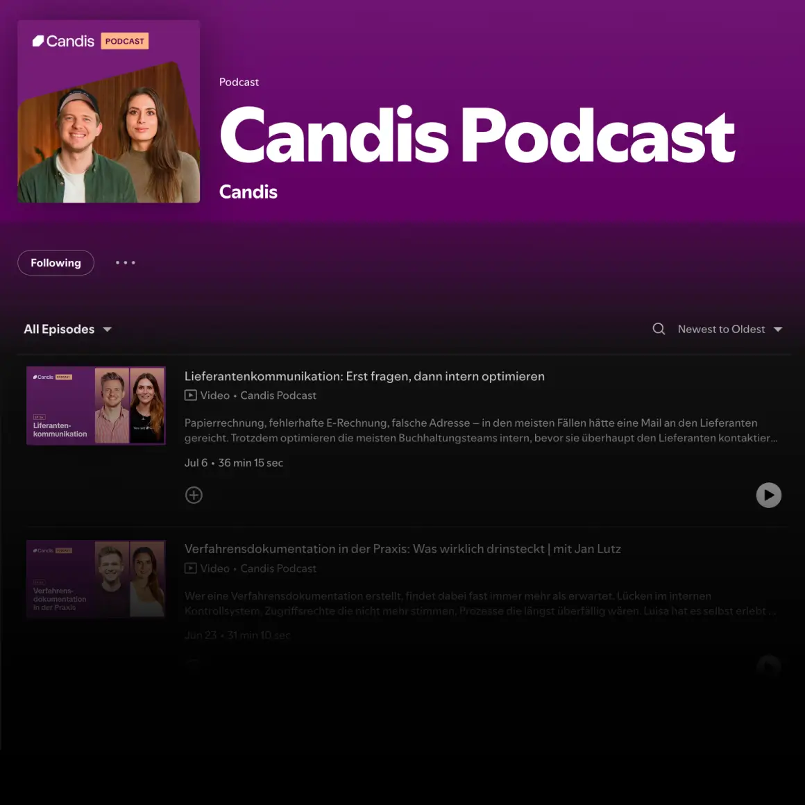Podcastseite „Summen + Salden“ von Candis mit Episodenliste und Wiedergabeschaltflächen