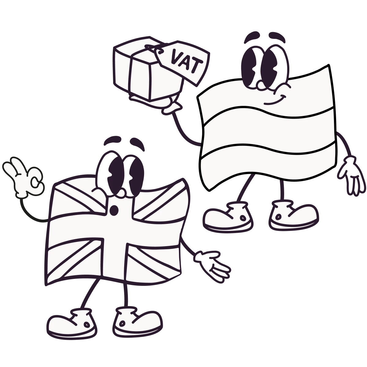 Reverse-Charge-Verfahren: Zwei Länderflaggen geben einander ein Geschenk mit der Aufschrift "VAT".