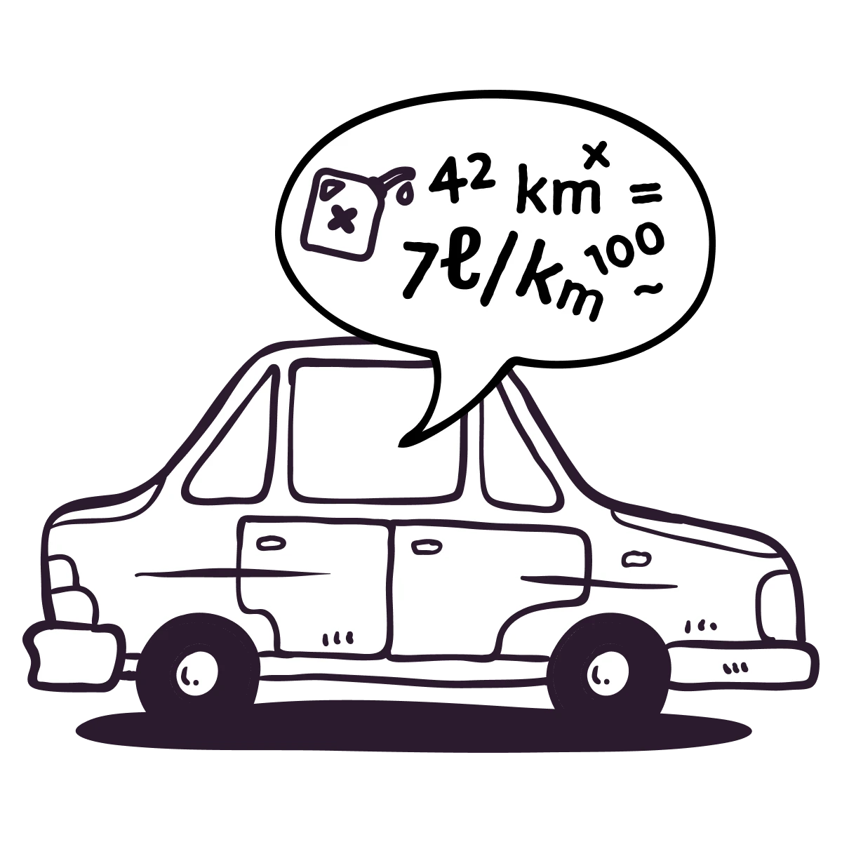 Ein Auto ist abgebildet mit mathematischen Formeln, das die Idee eines Fahrtkostenrechners suggeriert.