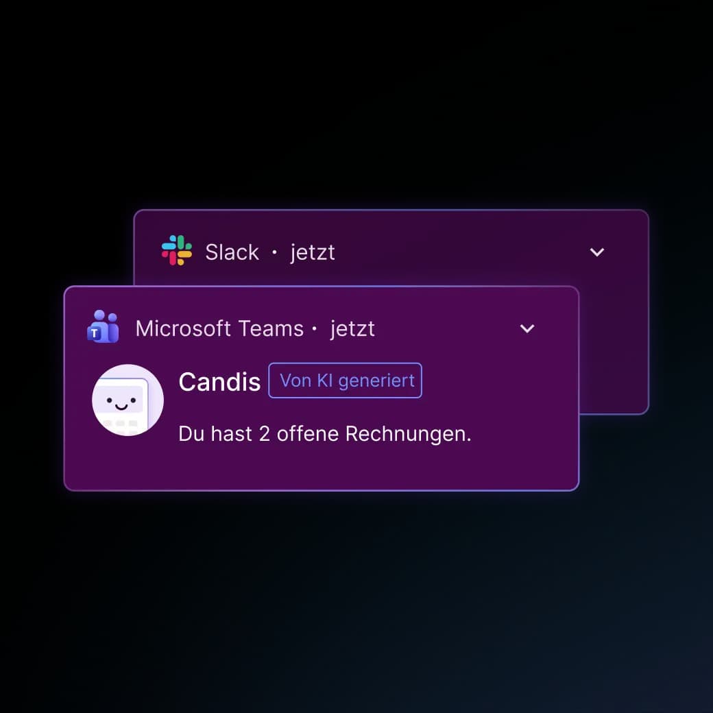 KI-Benachrichtigung von Candis in Microsoft Teams und Slack: „Du hast 2 offene Rechnungen.“