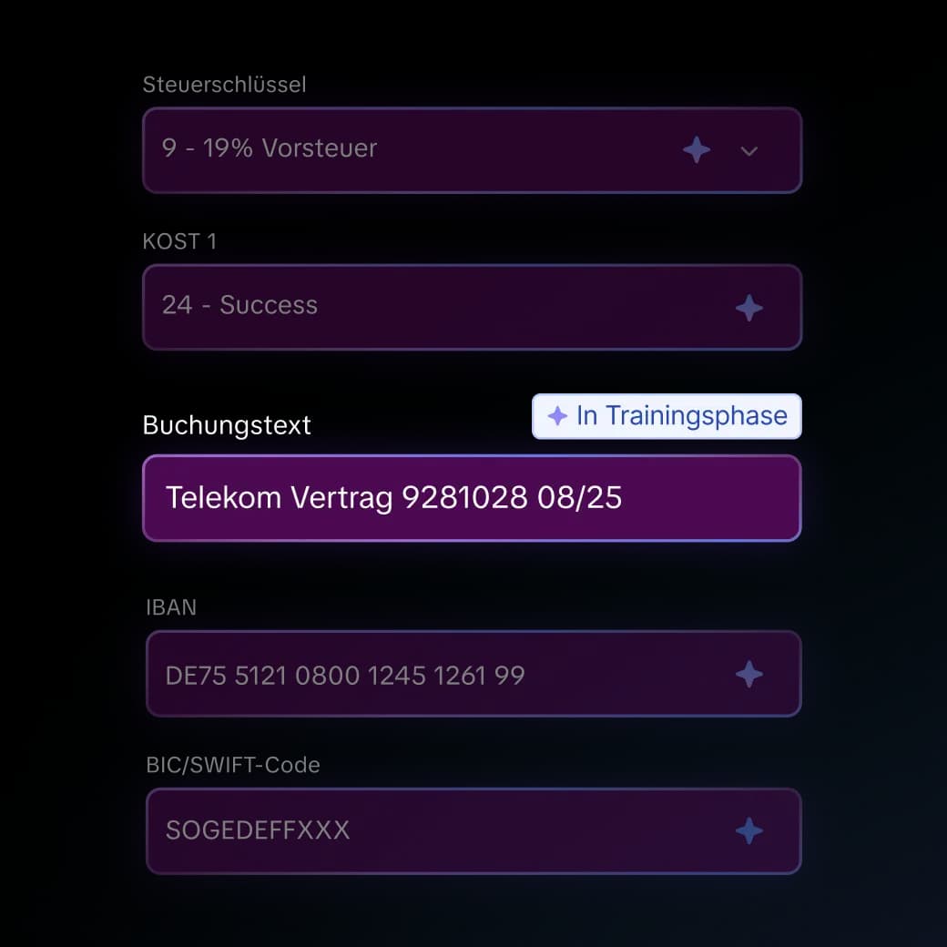 Candis KI schlägt Steuer- und Sachkonto, Buchungstext, IBAN und BIC vor.