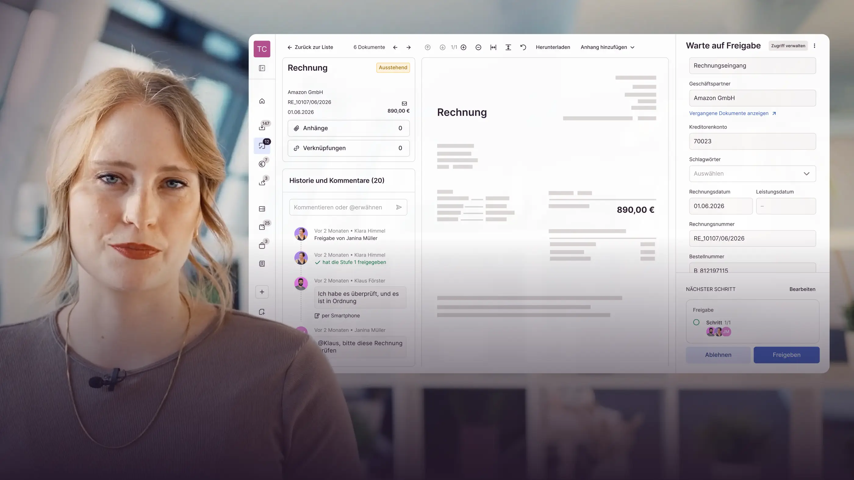 Eine Person vor einem Candis-Rechnungsfreigabe-Workflow, der eine zur Freigabe ausstehende Rechnung mit Team-Kommentaren und Belegdetails zeigt.
