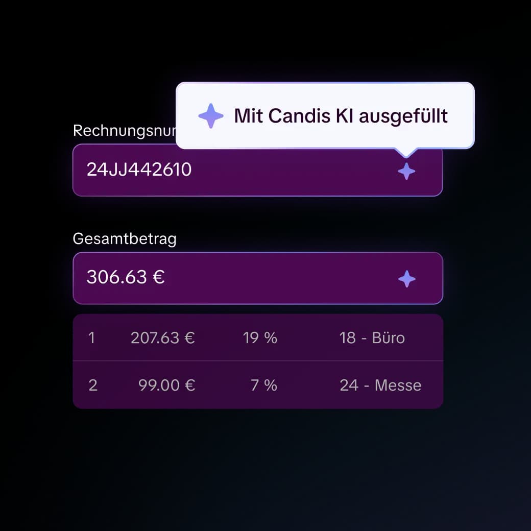 Candis KI füllt Rechnungsnummer 24JJ442610 und Betrag 306,63 € bei 19 % und 7 % Umsatzsteuer aus.